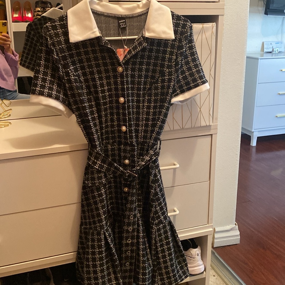 Vintage plaid patchwork ruched short sleeve dress. - Picture 2 of 6